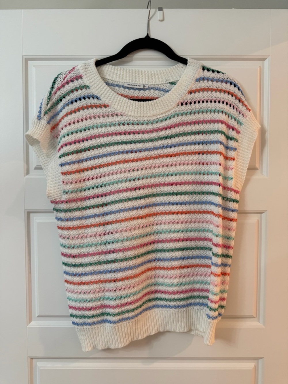 Staccato Cream Knit Top with Blue and Coral Accents